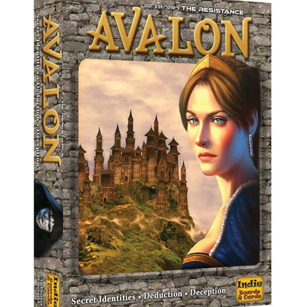 Avalon Board Game Box Art - Gold Lettering, Blue-Garbed Woman